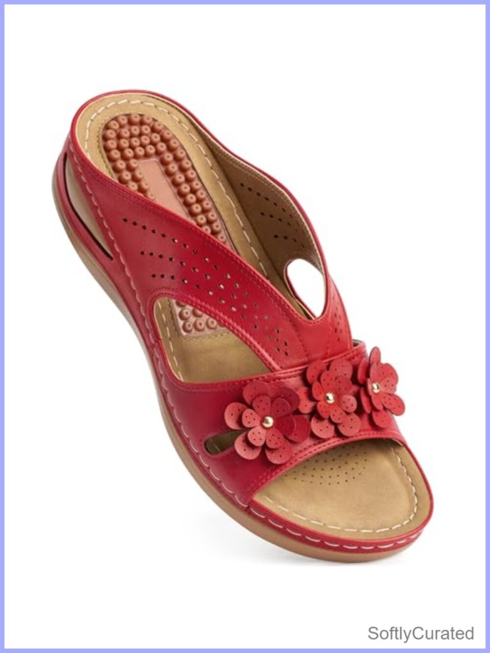 Wedge Sandals Faux Leather Women Comfort Flower Open Toe Slip On Platform
